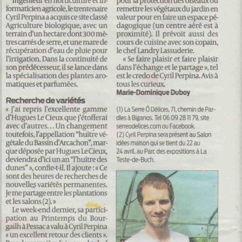 Lancement de La Serre Ô Délices : Premier Article Sud-Ouest (2016) Article journal Sud-Ouest 2016 sur l'huître végétale et le lancement de la pépinière La Serre Ô Délices.