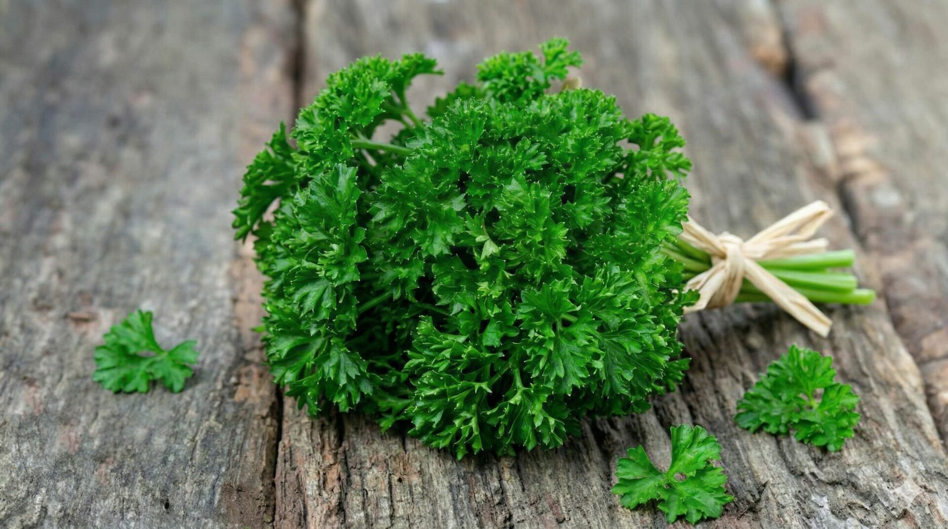 Bouquet de persil frisé sur plan de travail en vieux chêne Bouquet de persil frisé sur plan de travail en vieux chêne
