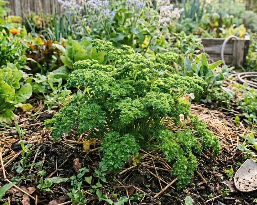 Touffe de persil frisé dans un jardin en permaculture Touffe de persil frisé dans un jardin en permaculture